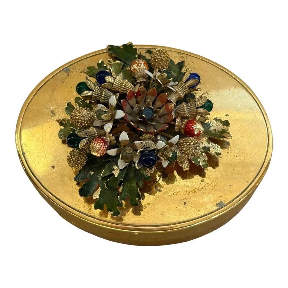 Vintage Gorham Gilt trinket box YC1141 enamel floral lid blue‎ velvet lined USA